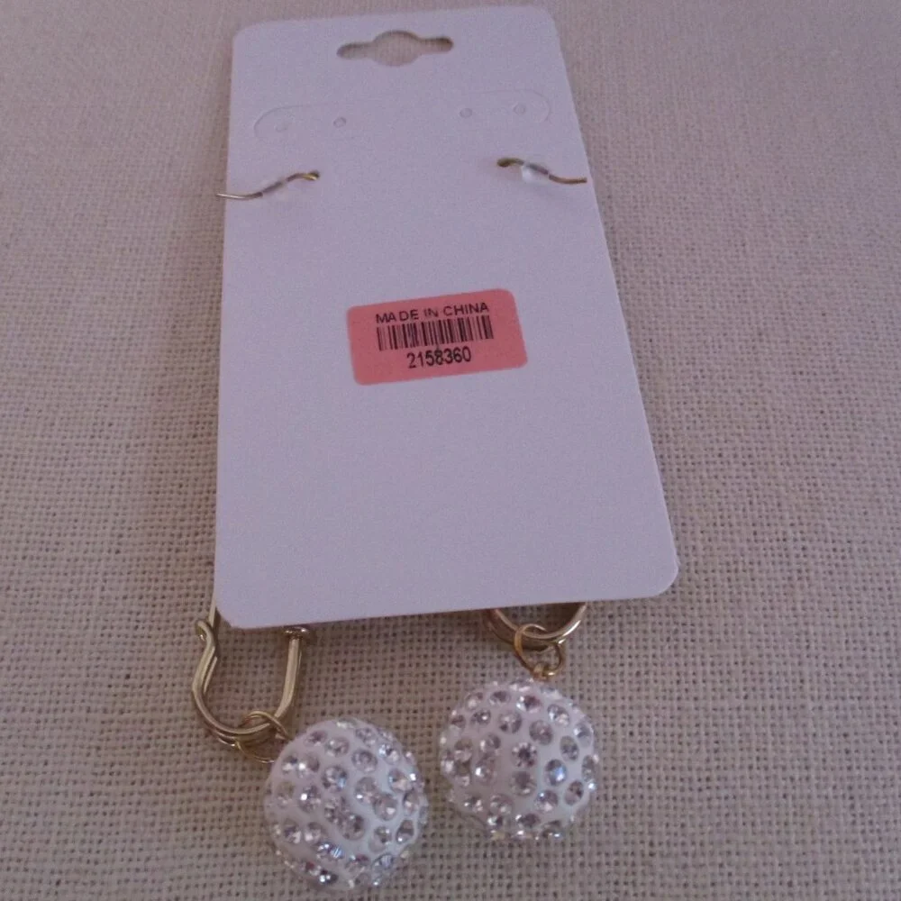 Pin Hook Earrings White Pave Balls GOLDTONE Free Gift Box